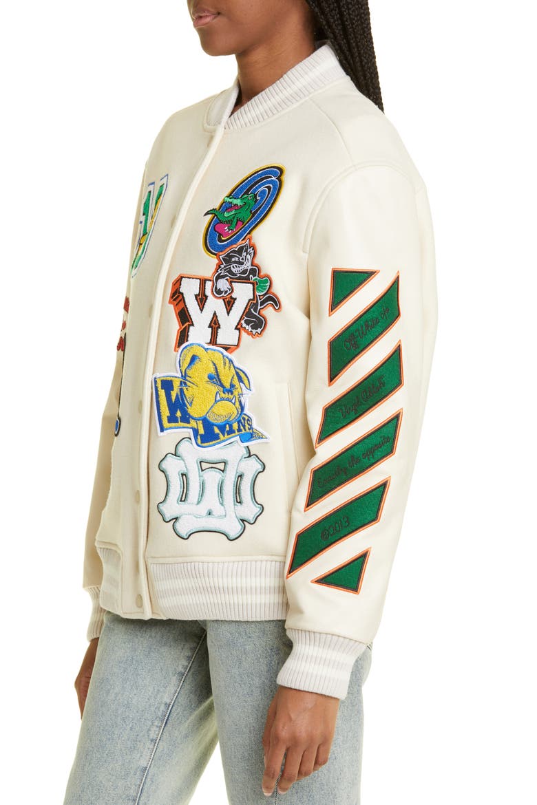 Embroidered Slogan Patch Wool Blend Varsity Jacket, Alternate, color, WHITE MULTICOLOR