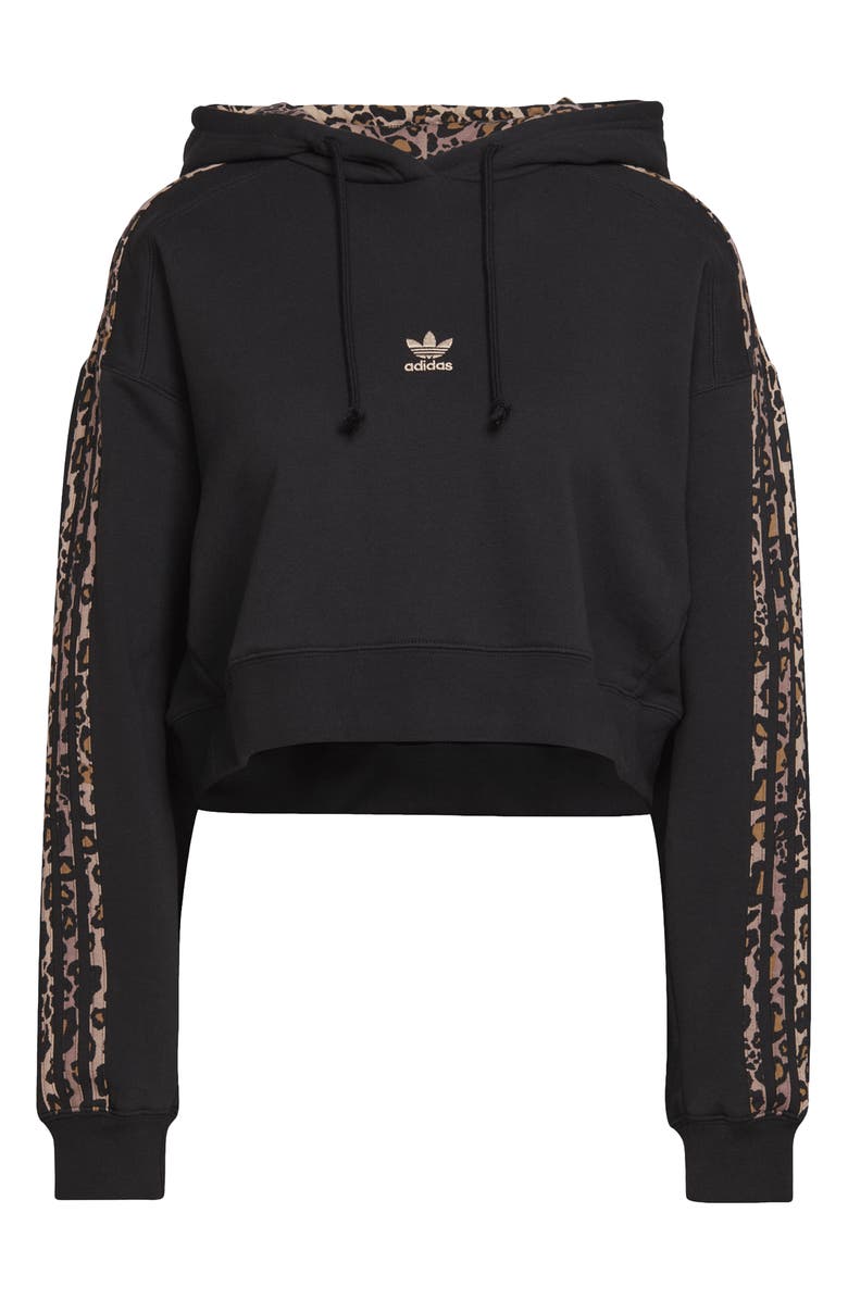 adidas Originals 3-Stripes Leopard Print Crop Cotton Hoodie, Alternate, color, 