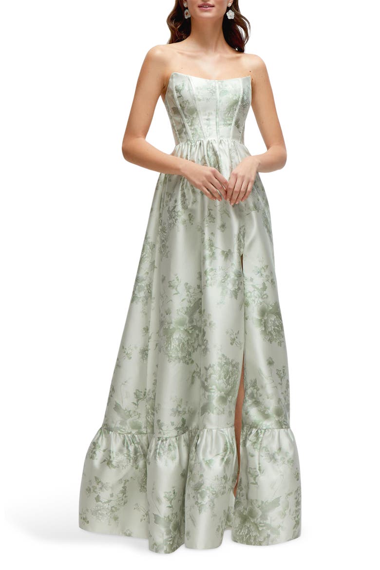 Floral Strapless Bustier Bodice Satin Gown, Main, color, SAGE COTTAGE ROSE