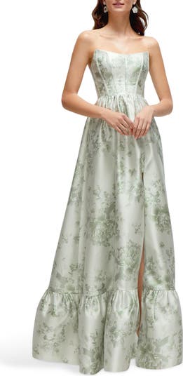 Floral Strapless Bustier Bodice Satin Gown
