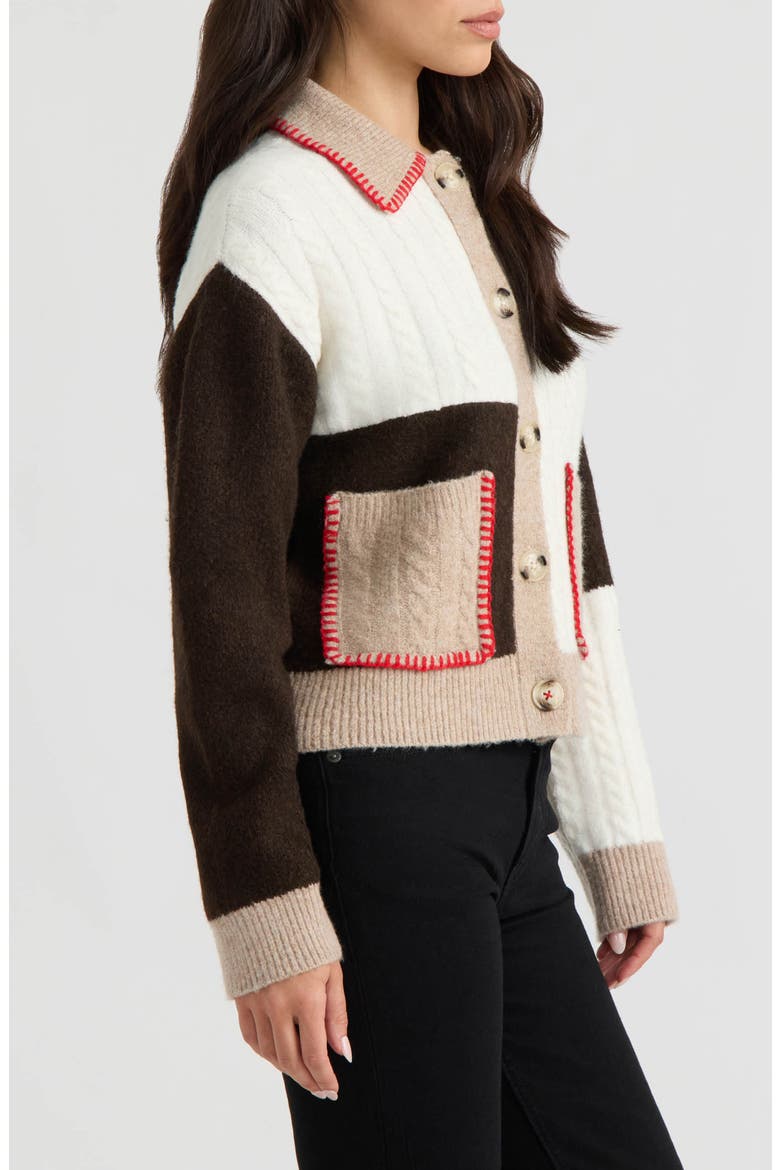 Patchwork Cable Knit Cardigan, Alternate, color, MARSHMALLOW/ GROUND COFFEE