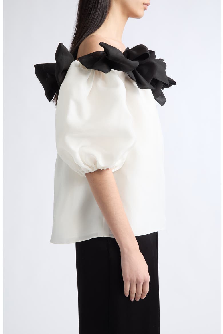 Off the Shoulder Silk Top with Bows, Alternate, color, IVORY/ BLACK