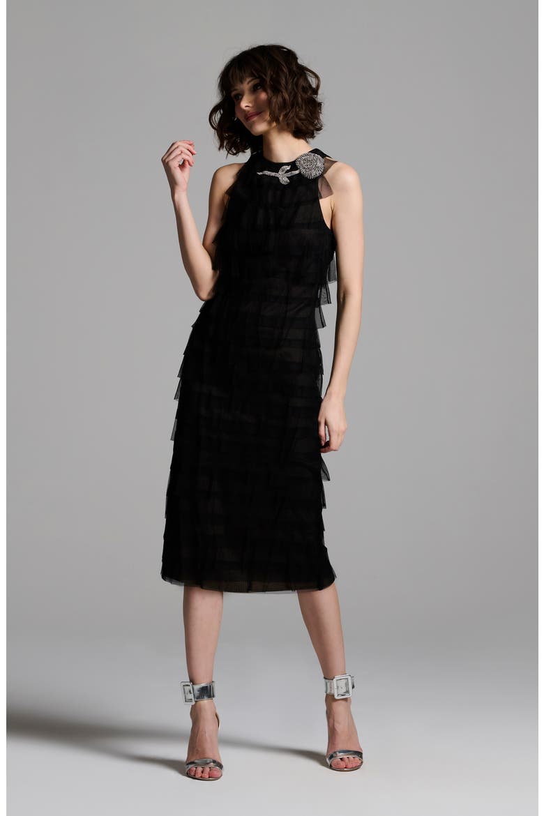 Spanish Tiered Tulle Cocktail Midi Dress, Alternate, color, BLACK
