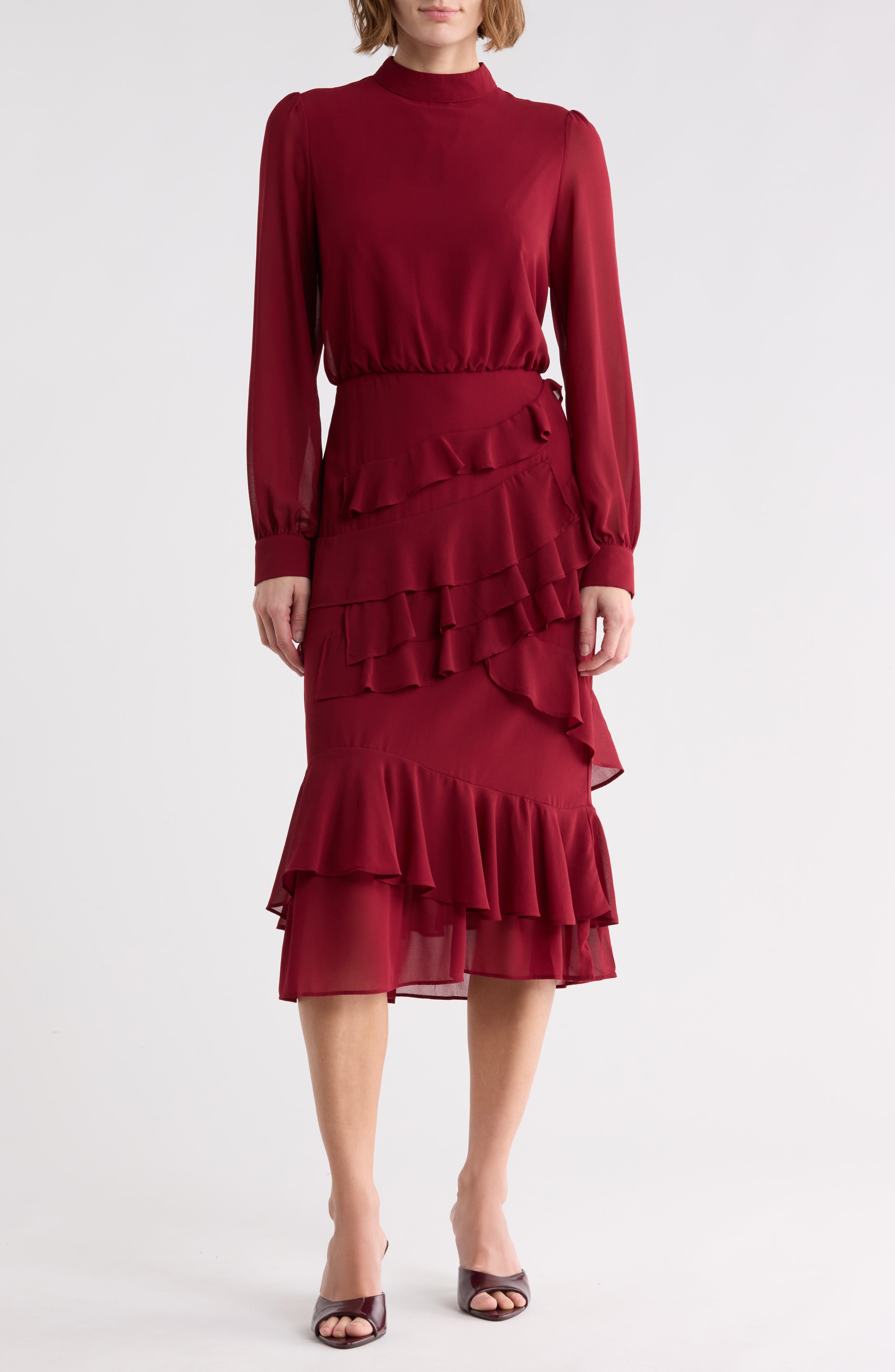 Evelyn Mock Neck Long Sleeve Ruffle Midi Dress