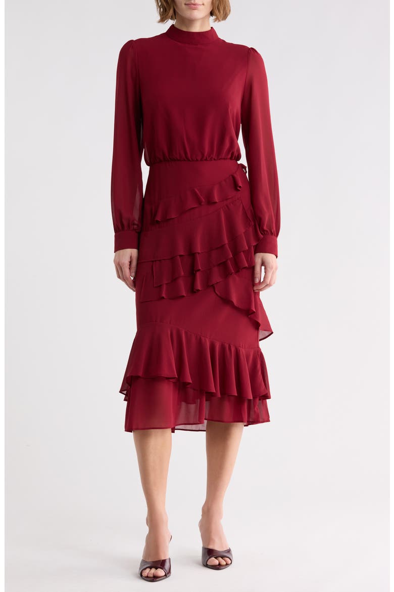 Evelyn Mock Neck Long Sleeve Ruffle Midi Dress, Main, color, BURGUNDY