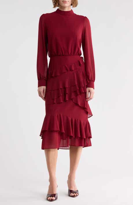 Evelyn Mock Neck Long Sleeve Ruffle Midi Dress