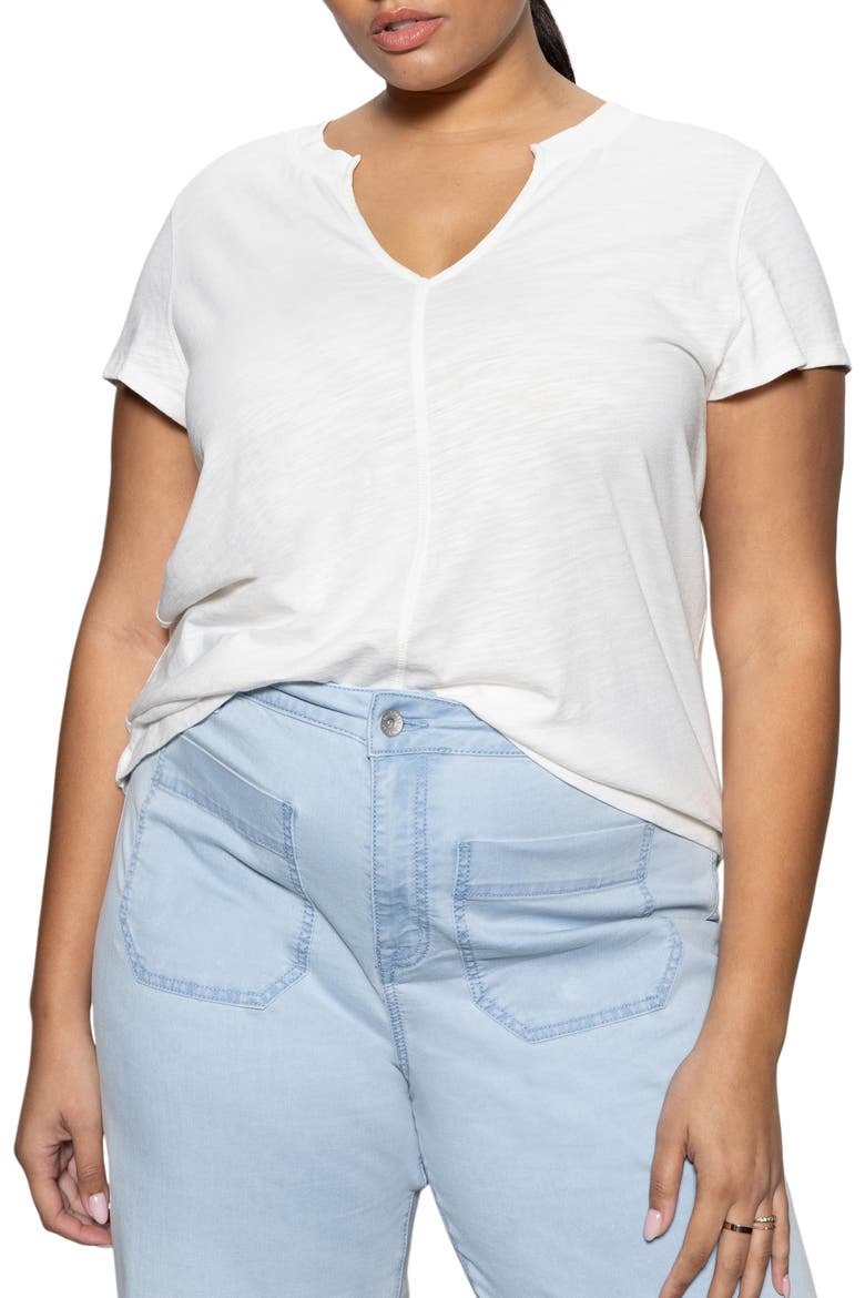 The New Girl Split Neck Cotton T-Shirt, Main, color, WHITE