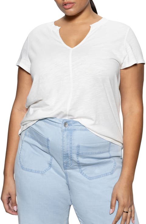 The New Girl Split Neck Cotton T-Shirt (Plus)