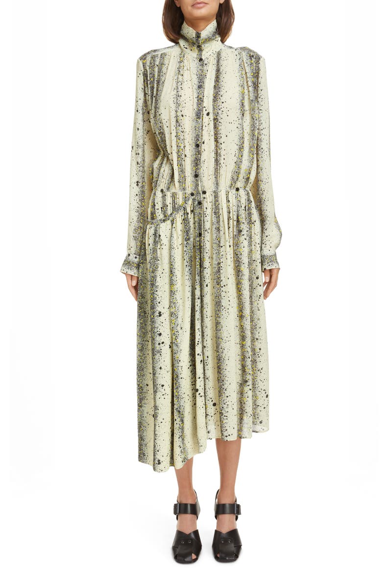 Ink Splatter Print Asymmetric Long Sleeve Apron Dress, Main, color, LEMON/ BLACK 146
