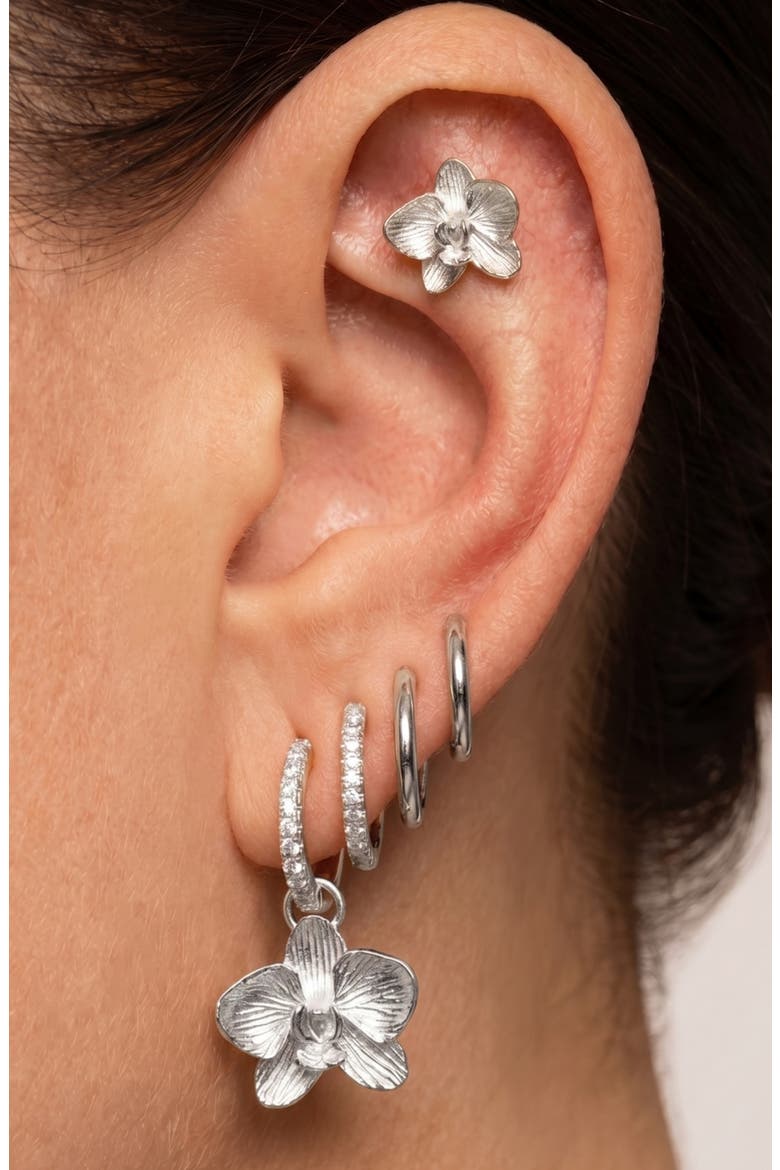Set of 9 Orchid Hoop, Stud & Drop Earrings, Alternate, color, SILVER