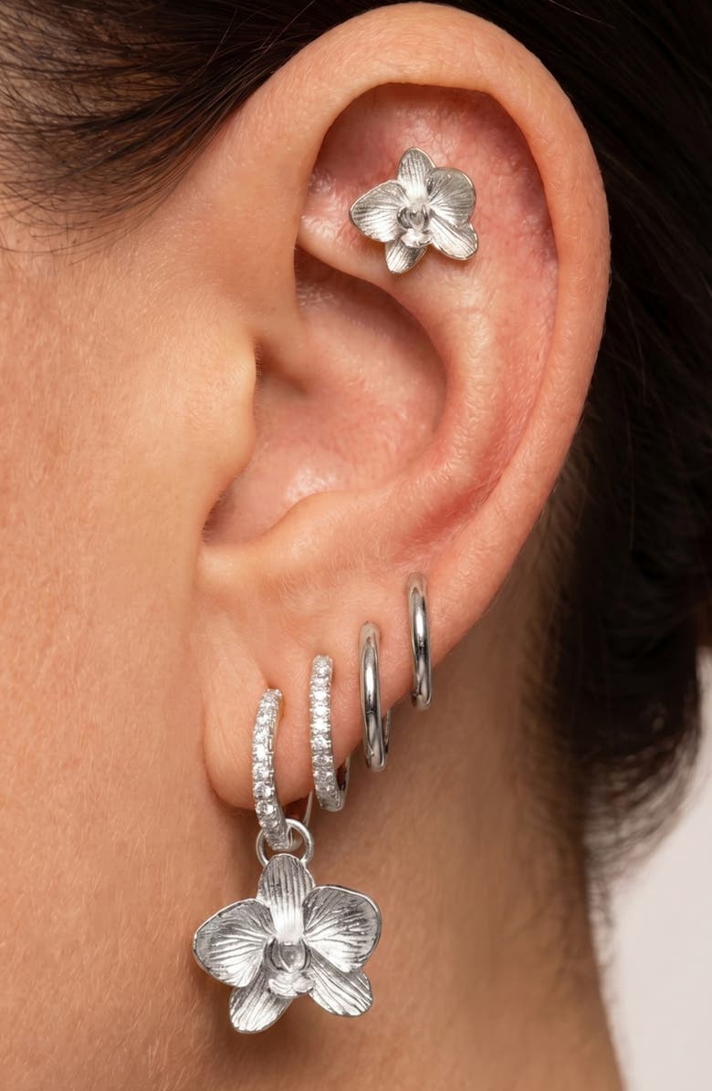 IMBER Set of 9 Orchid Hoop, Stud & Drop Earrings, Alternate, color, Silver