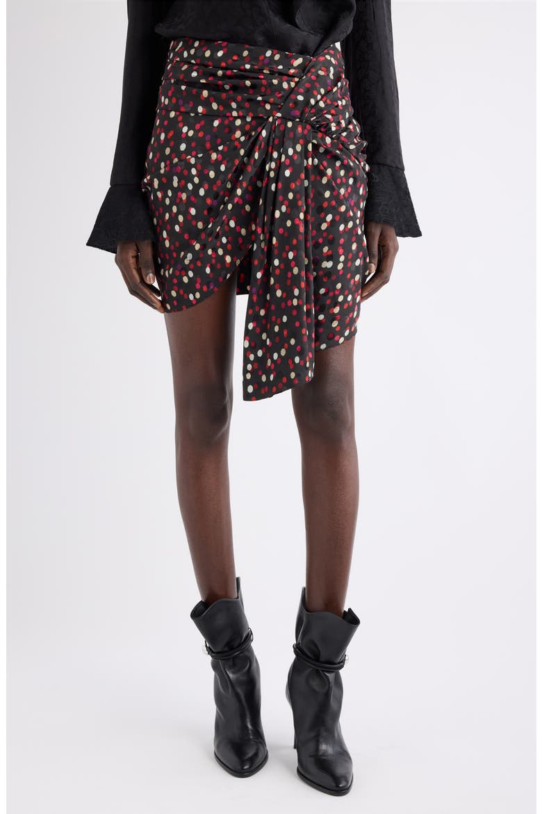 Ovia Polka Dot Asymmetric Gathered Miniskirt, Main, color, BLACK/ RED