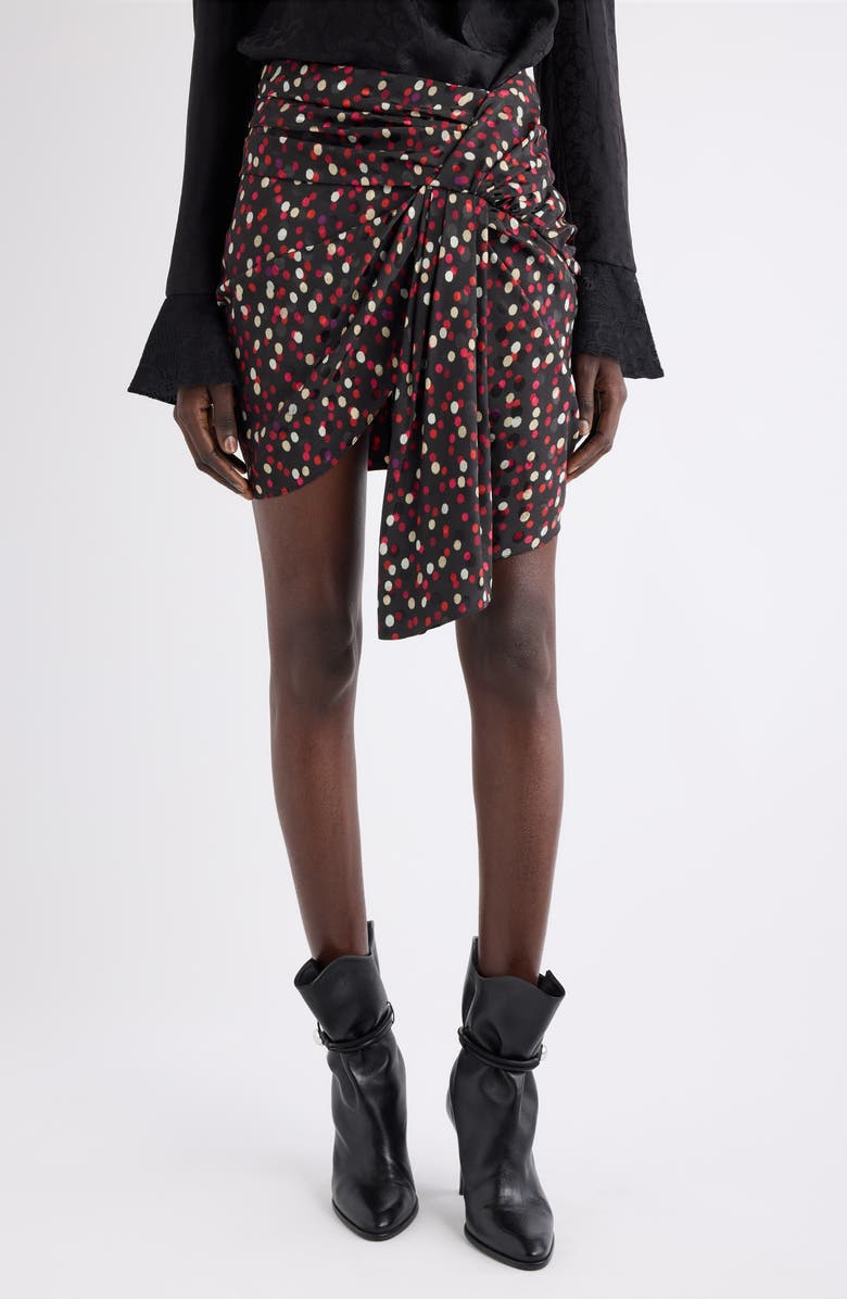 Isabel Marant Ovia Polka Dot Asymmetric Gathered Miniskirt, Main, color, Black/ Red