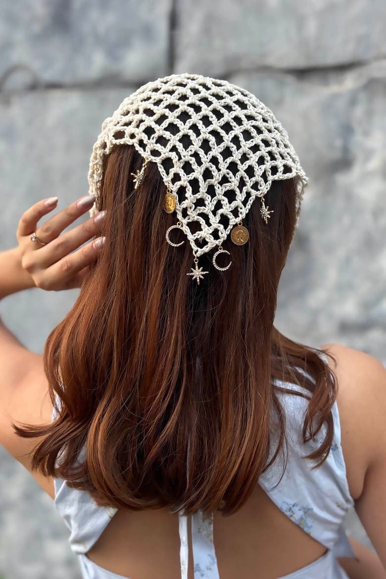 Bohemian Crochet Headscarf with Celestial Charms, Alternate, color, Ivory