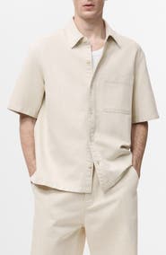 MANGO Boxy Short Sleeve Cotton & Linen Button-Up Shirt