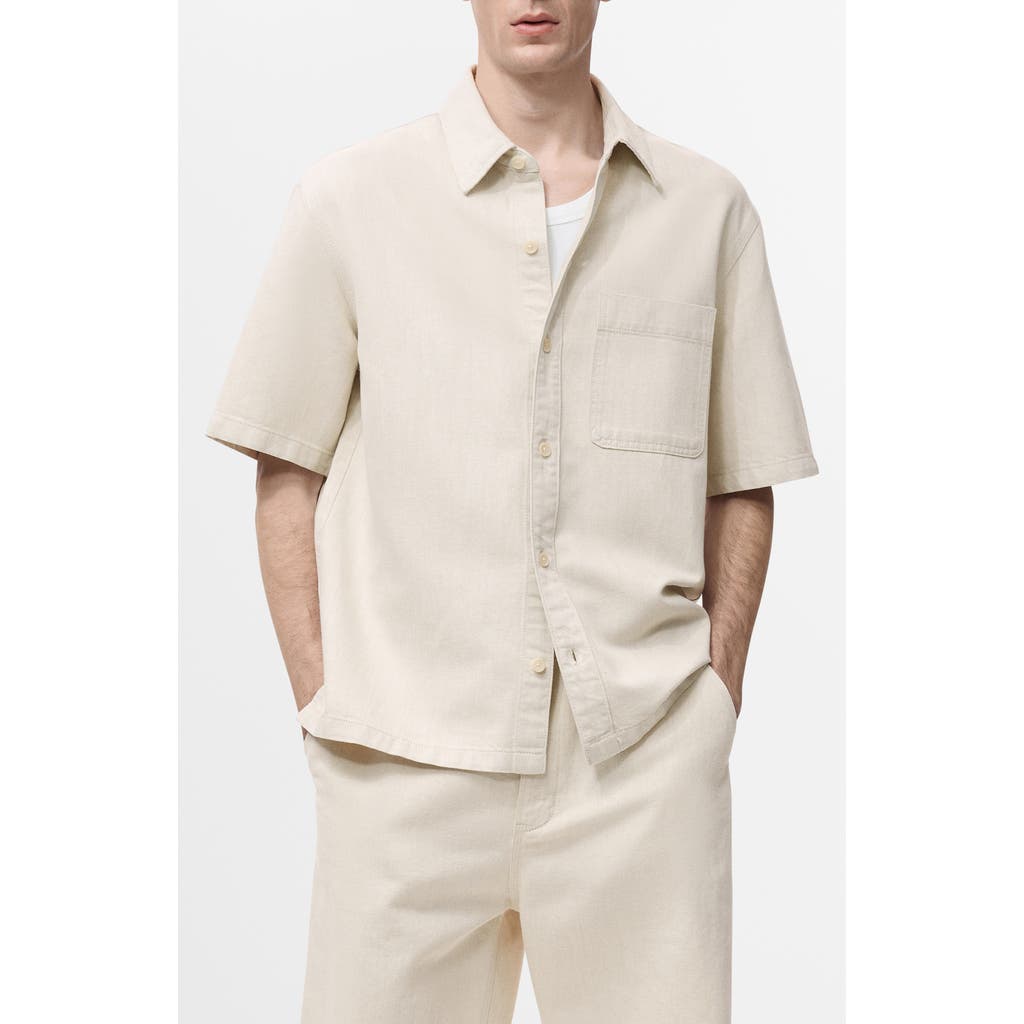 Mango Boxy Short Sleeve Cotton & Linen Button-up Shirt In Neutral