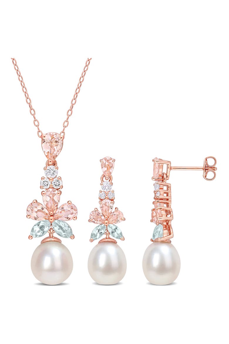 Cultured Freshwater Pearl & Semiprecious Stone Earrings & Necklace Set, Main, color, ROSE GOLD/ PEARL