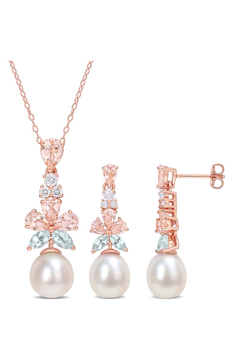 DELMAR Cultured Freshwater Pearl & Semiprecious Stone Earrings & Necklace Set, Main, color, Rose Gold/ Pearl