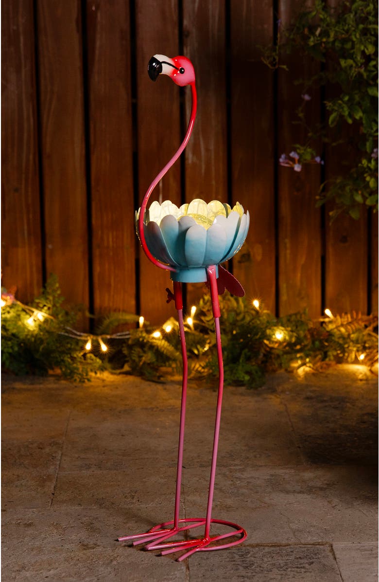 Glitzhome 26.25"H Metal Solar Standing Flamingo Garden Statue, Alternate, color, Pink