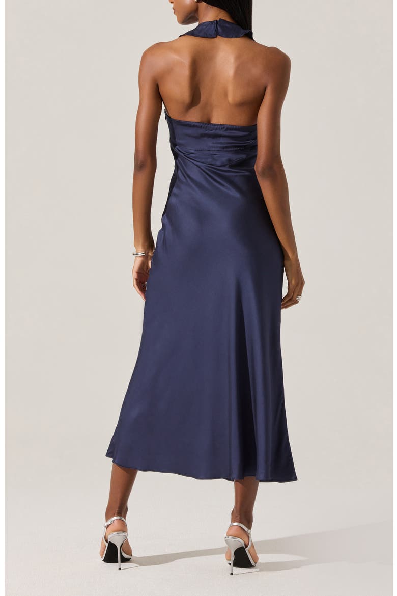 Morrigan Ruffle Halter Satin Maxi Dress, Alternate, color, NAVY