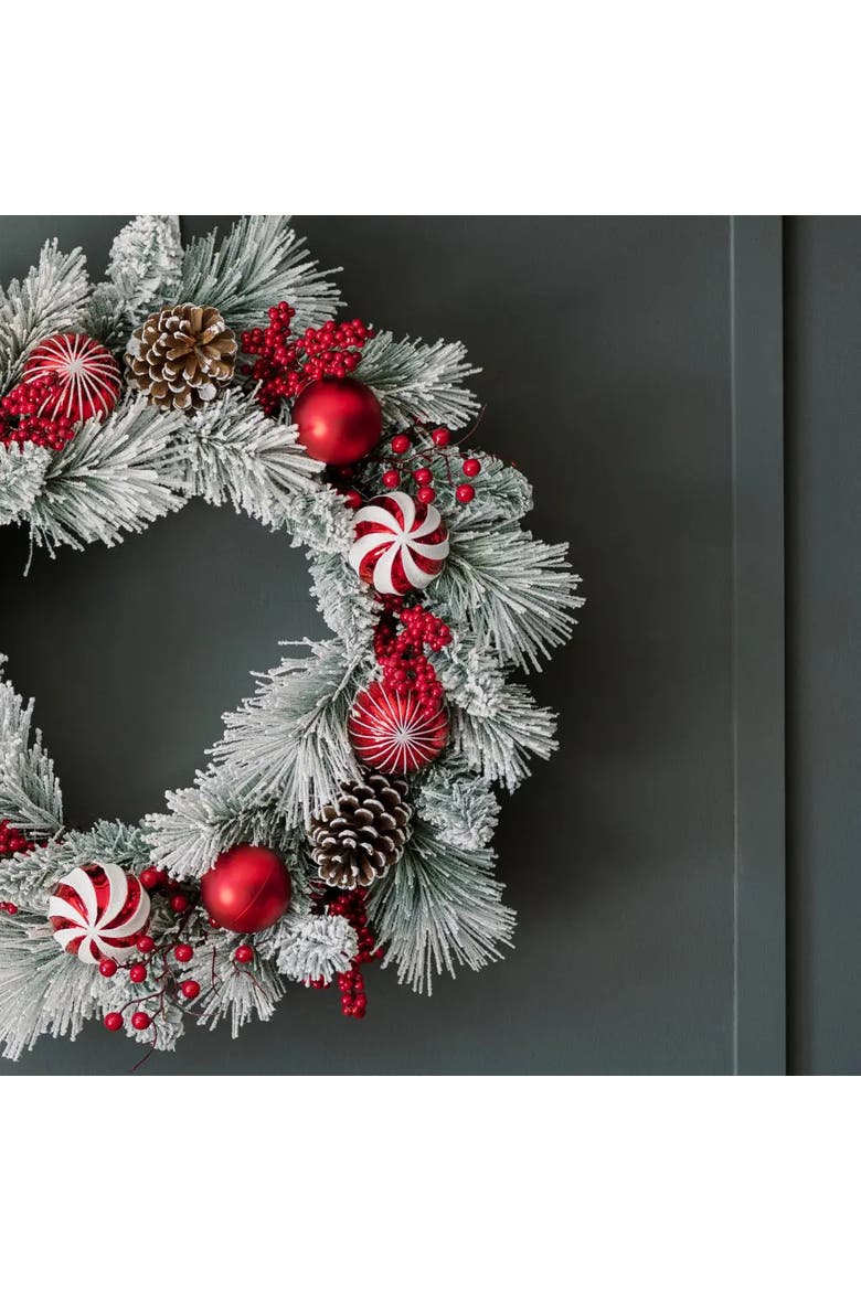 26" Flocked Pinecone, Berry & Ornament Pre-Lit Wreath, Alternate, color, Green