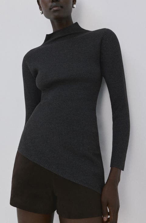 Asymmetric Hem Mock Neck Sweater