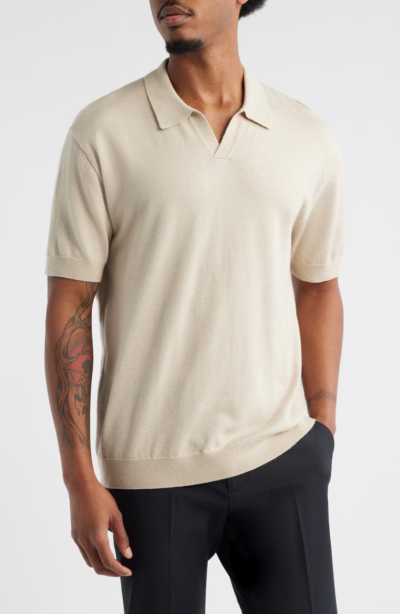 Open Edit Short Sleeve Johnny Collar Polo Sweater, Main, color, Beige Birch