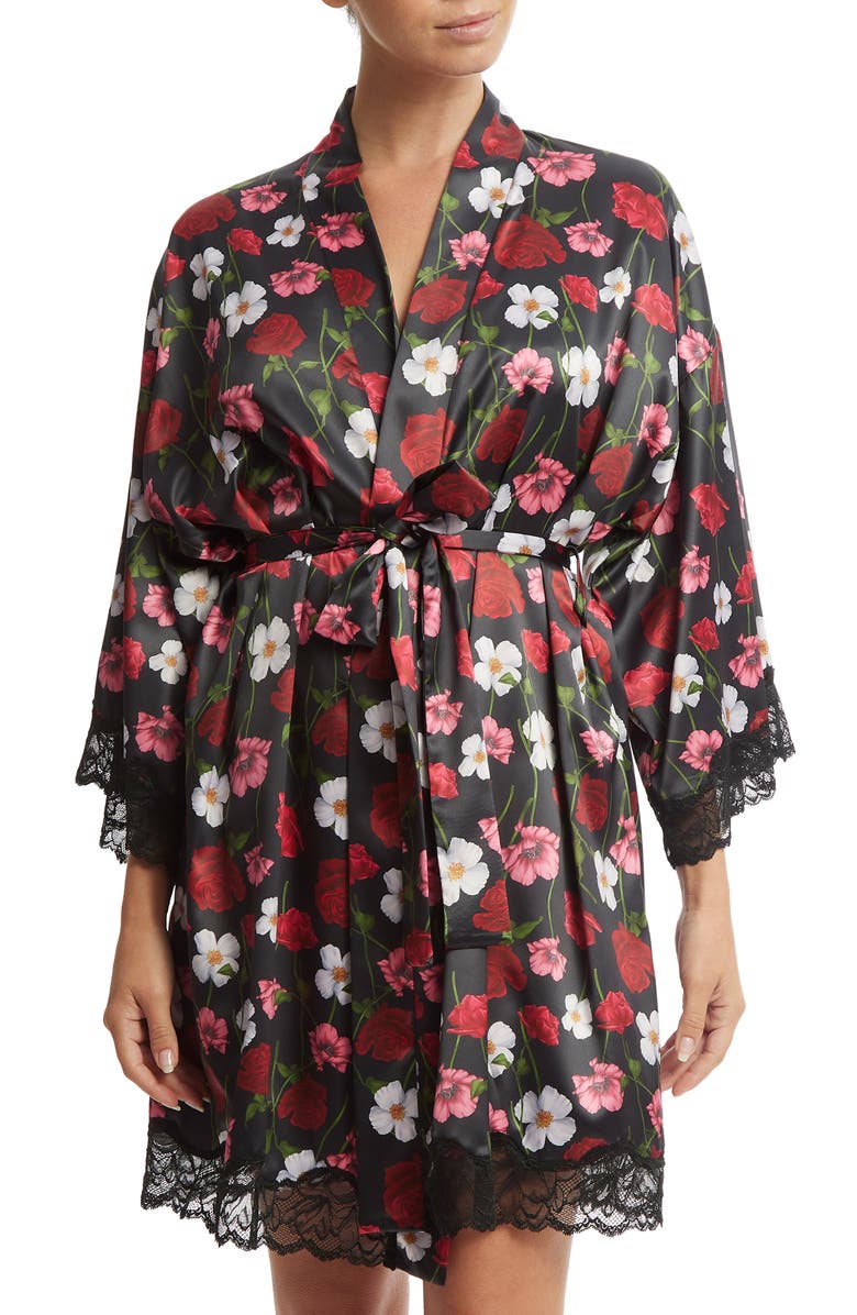 Hanky Panky Luxe Floral Lace Trim Satin Robe, Main, color, 