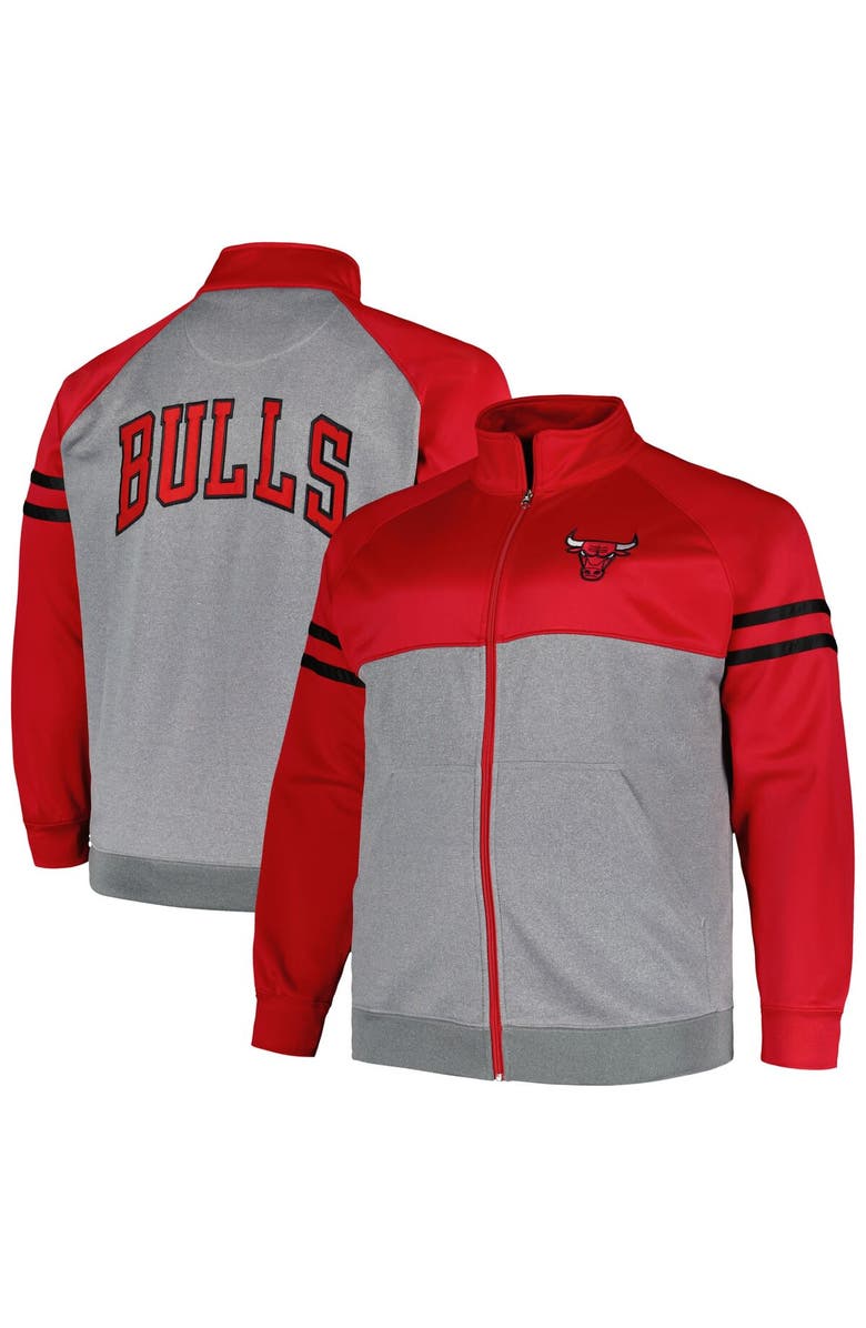 FANATICS Men's Fanatics Branded Red/Heather Gray Chicago Bulls Big & Tall Pieced Stripe Raglan Full-Zip Track Jacket, Main, color, Red