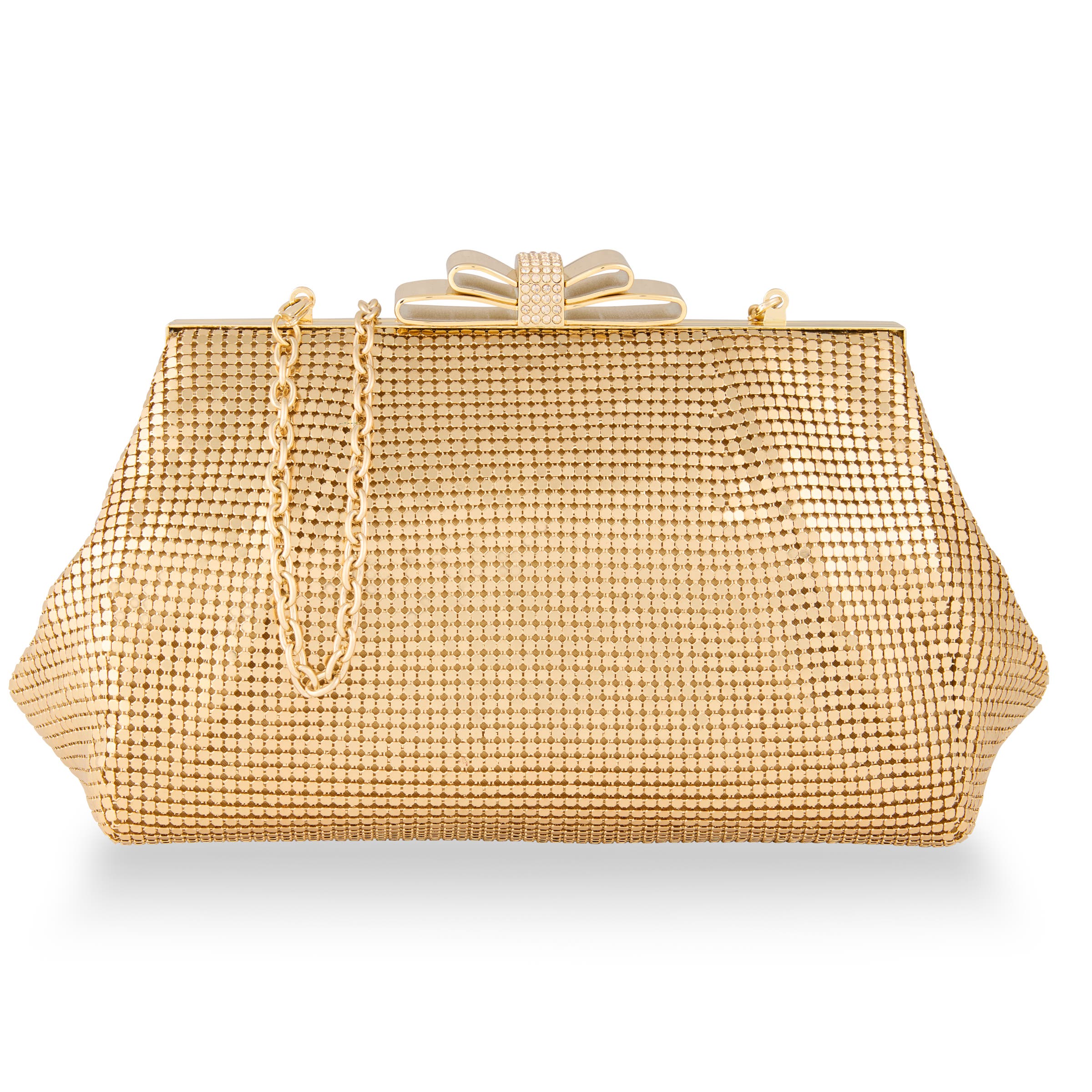 Whiting & Davis Blake Bow Clutch, Main, color, Metallic Gold