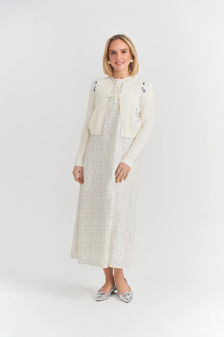Eyelet Floral Lined Jumper Dress with Rib Trim Cardigan 2 Piece Set, Alternate, color, Off White/Blue