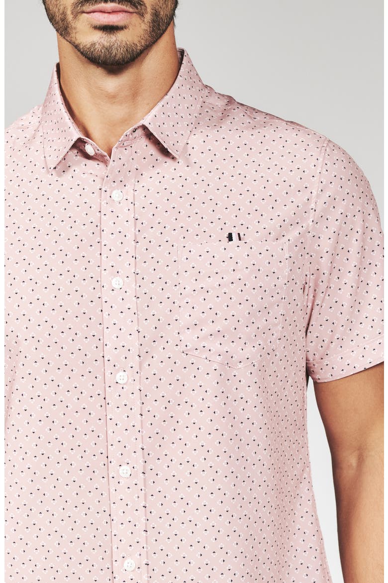 Seager Geo Print Short Sleeve Performance Button-Up Shirt, Alternate, color, ROSE