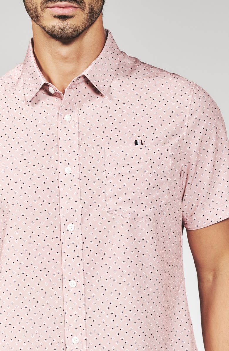7 Diamonds Seager Geo Print Short Sleeve Performance Button-Up Shirt, Alternate, color, Rose