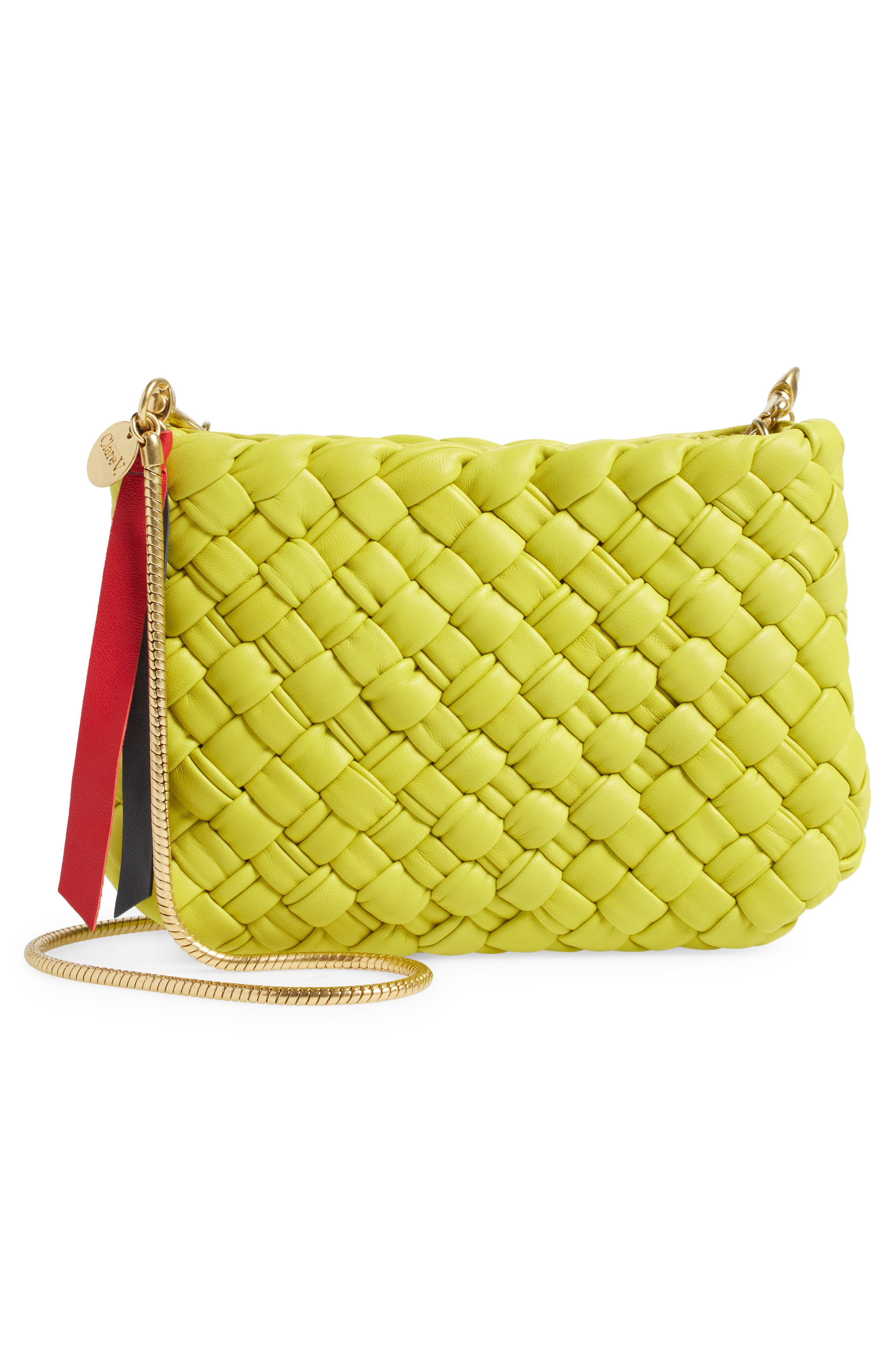 Clare V. Estelle Woven Leather Crossbody Bag in Chartreuse Puffy Woven 
