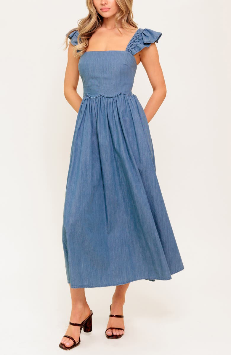 FLYING TOMATO Cap Sleeve Chambray Midi Dress, Alternate, color,
