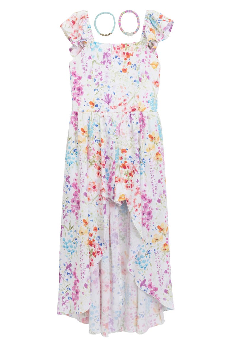 Kids' Floral High-Low Dress & Bracelets Set, Main, color, IVORY FLORAL