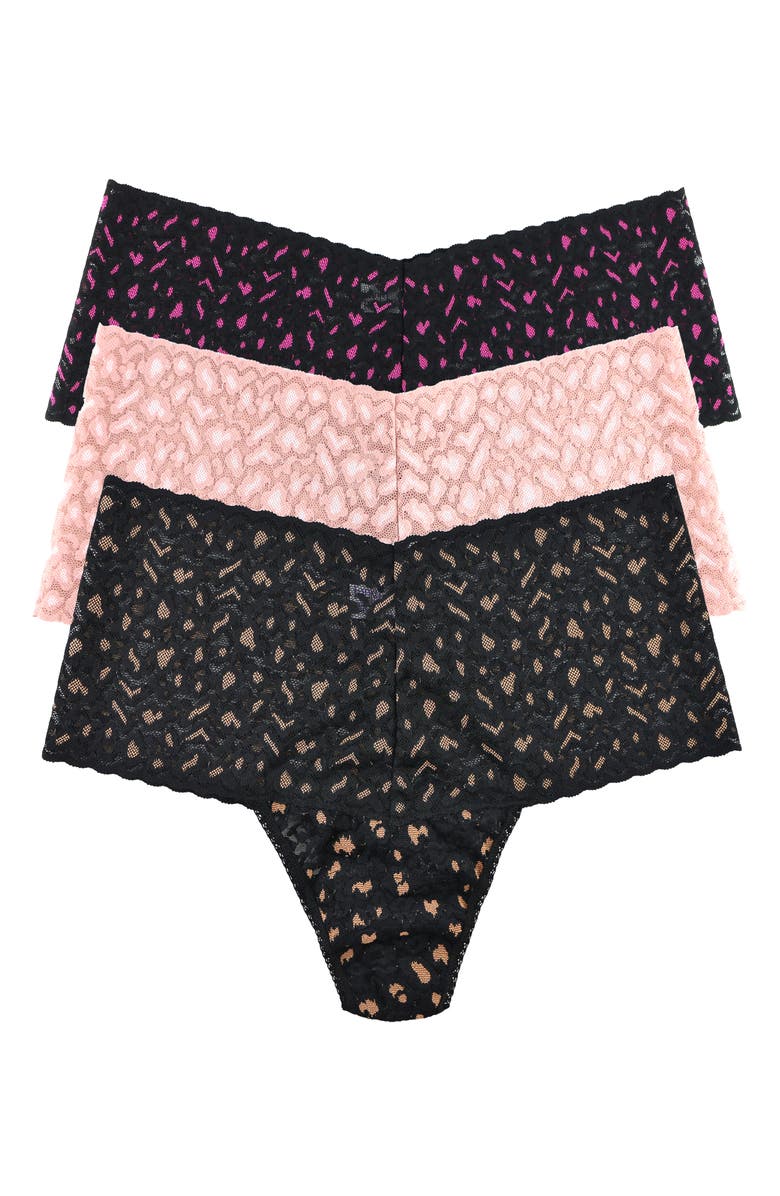 Hanky Panky Leopard Lace 3-Pack Retro High Waist Thongs, Main, color, Rose/ Wht-Blk/ Pnk-Blk/ Pralin
