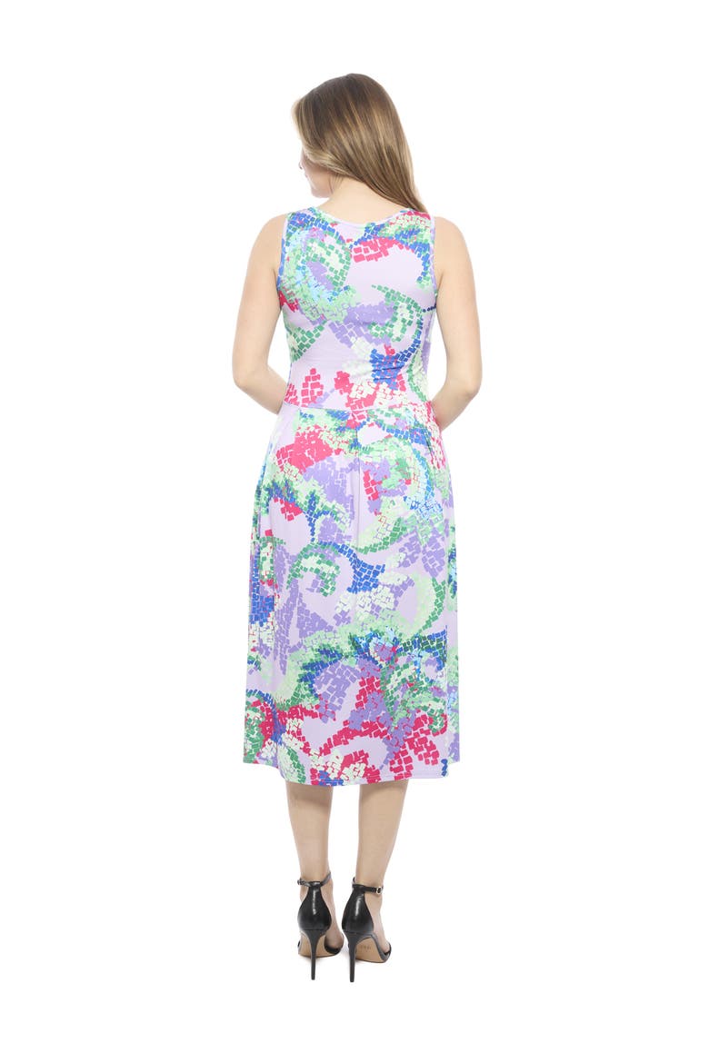 Womens Abstract V-Neck Sleeveless Pleated Pocket Midi Fit N Flare Dress, Alternate, color, Purple Multi