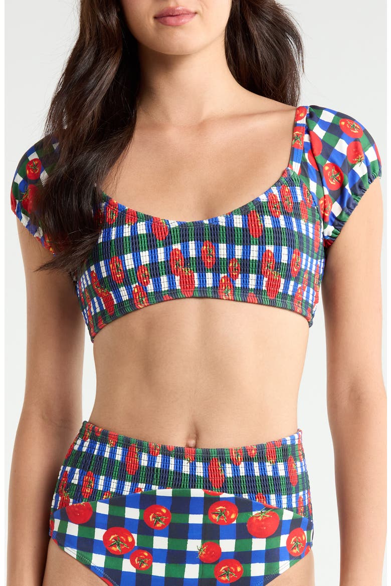 Smocked Puff Sleeve Bikini Top, Main, color, GINGHAM TOMATOES BLUE/ GREEN