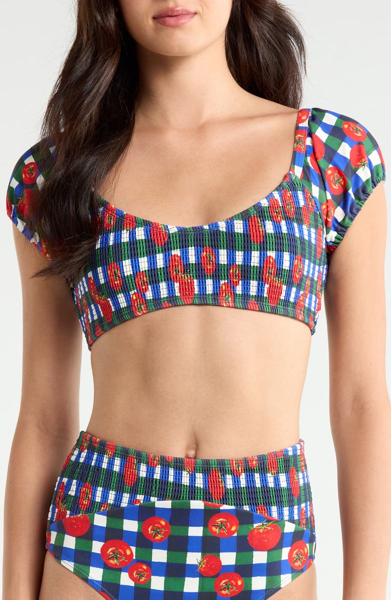 Hutch Smocked Puff Sleeve Bikini Top, Main, color, Gingham Tomatoes Blue/ Green