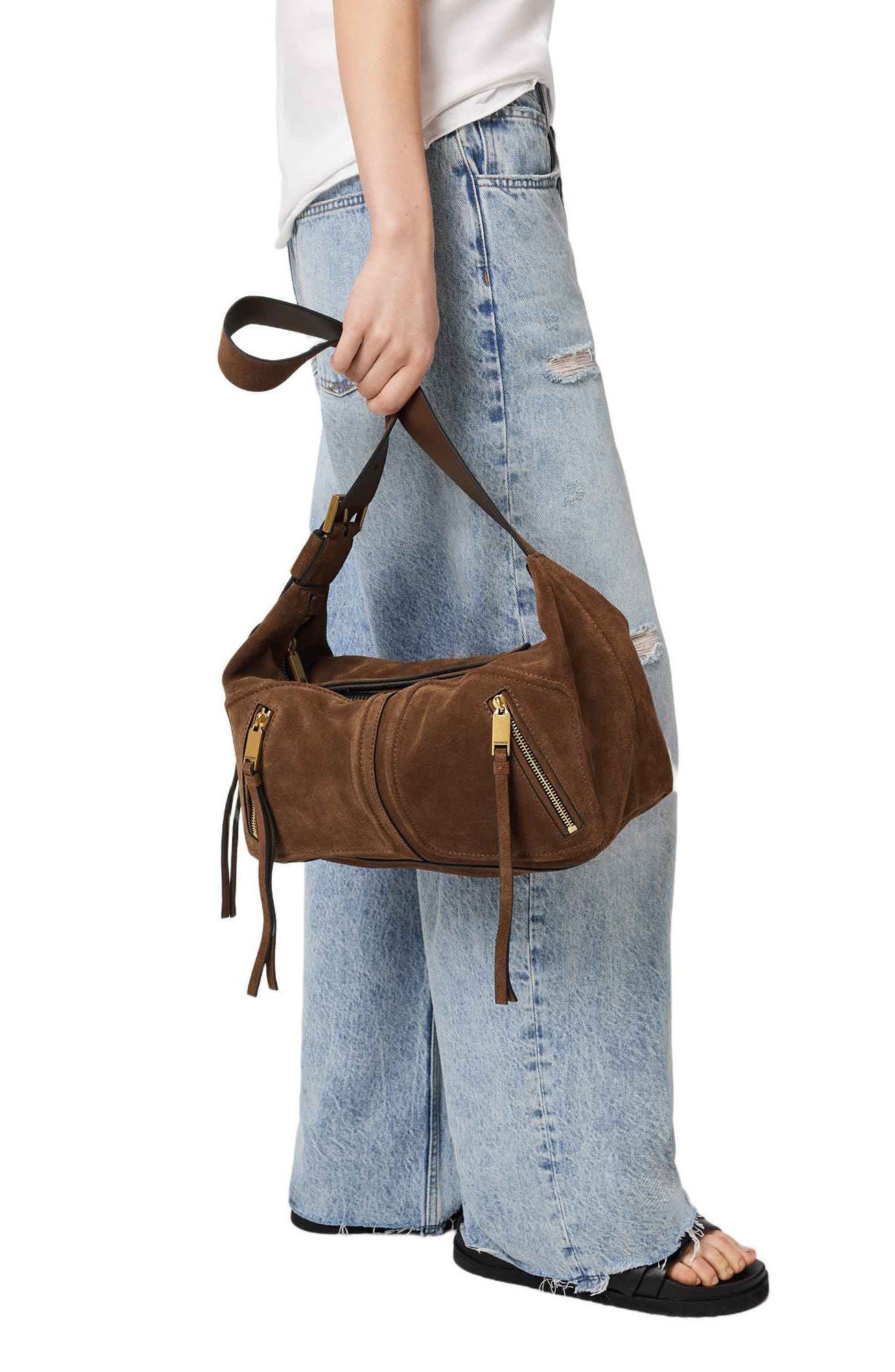 AllSaints Jean Rey Suede Shoulder Bag, Alternate, color, Sugar Brown
