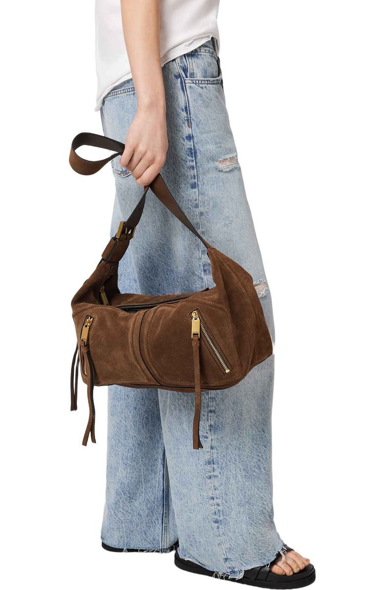 AllSaints Jean Rey Suede Shoulder Bag, Alternate, color, Sugar Brown