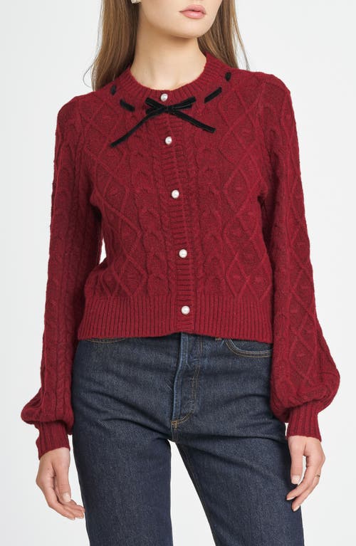 WAYF x CHÉRIE MADELEINE Joli Ribbon Trim Cable Cardigan in Oxblood 