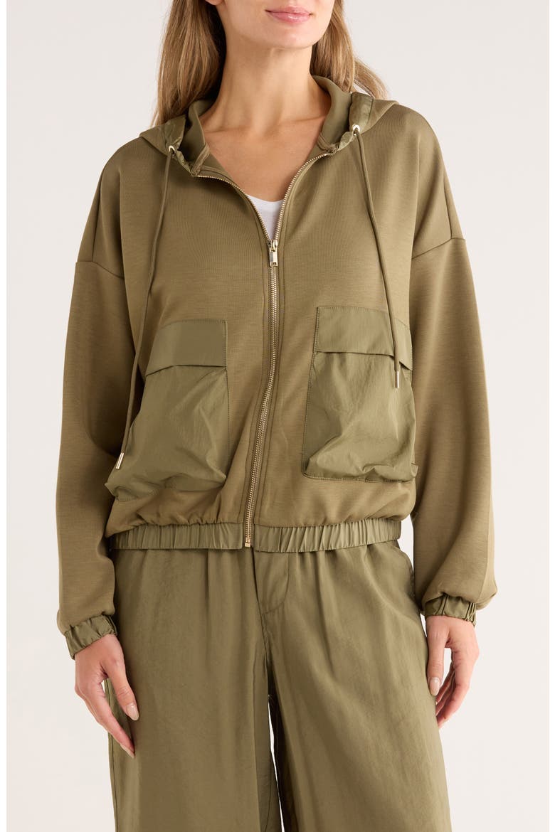 Mixed Media Zip Up Hoodie, Main, color, OLIVE GREEN