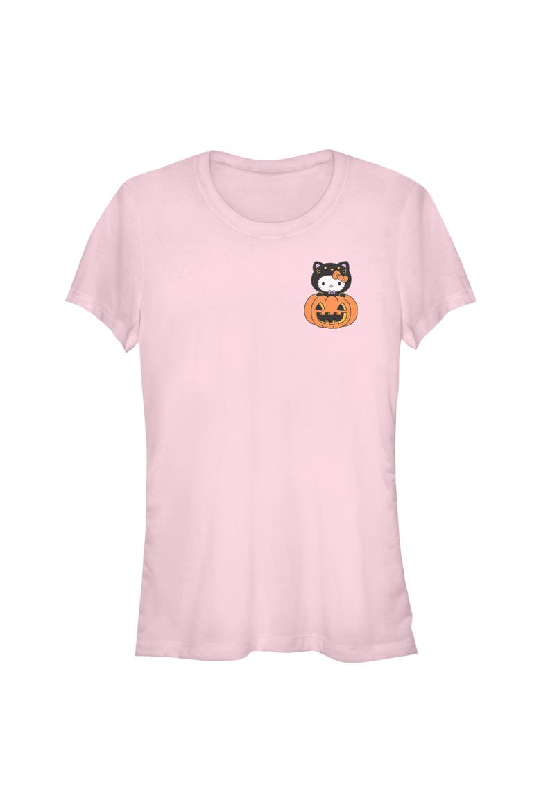 Junior's Hello Kitty Halloween Pumpkin and Kitty Pocket  Graphic T-Shirt, Main, color, Light Pink