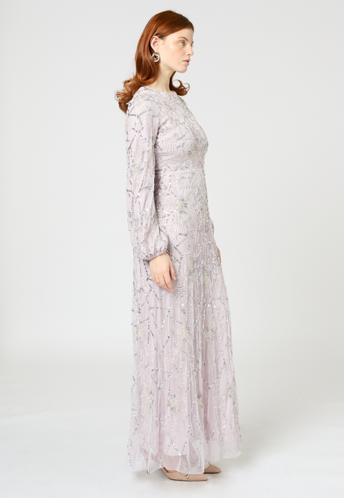 Maryisa Modest Embellished Sequin Beaded Maxi Dress With Sleeve