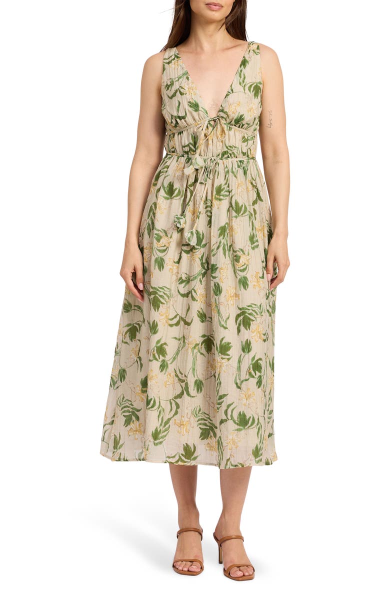 En Saison Linden Shirred Sundress, Main, color, Sage Emerald Yellow