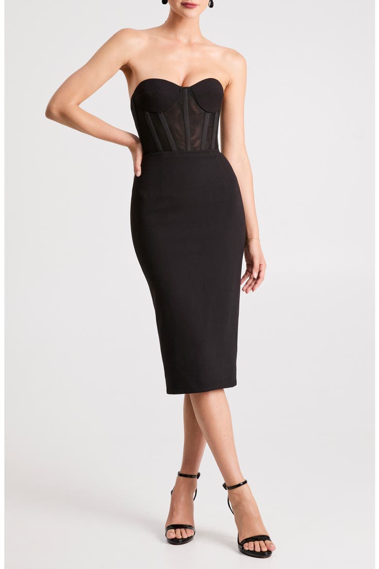 Natalia Strapless Mesh & Crepe Cocktail Midi Dress, Main, color, BLACK