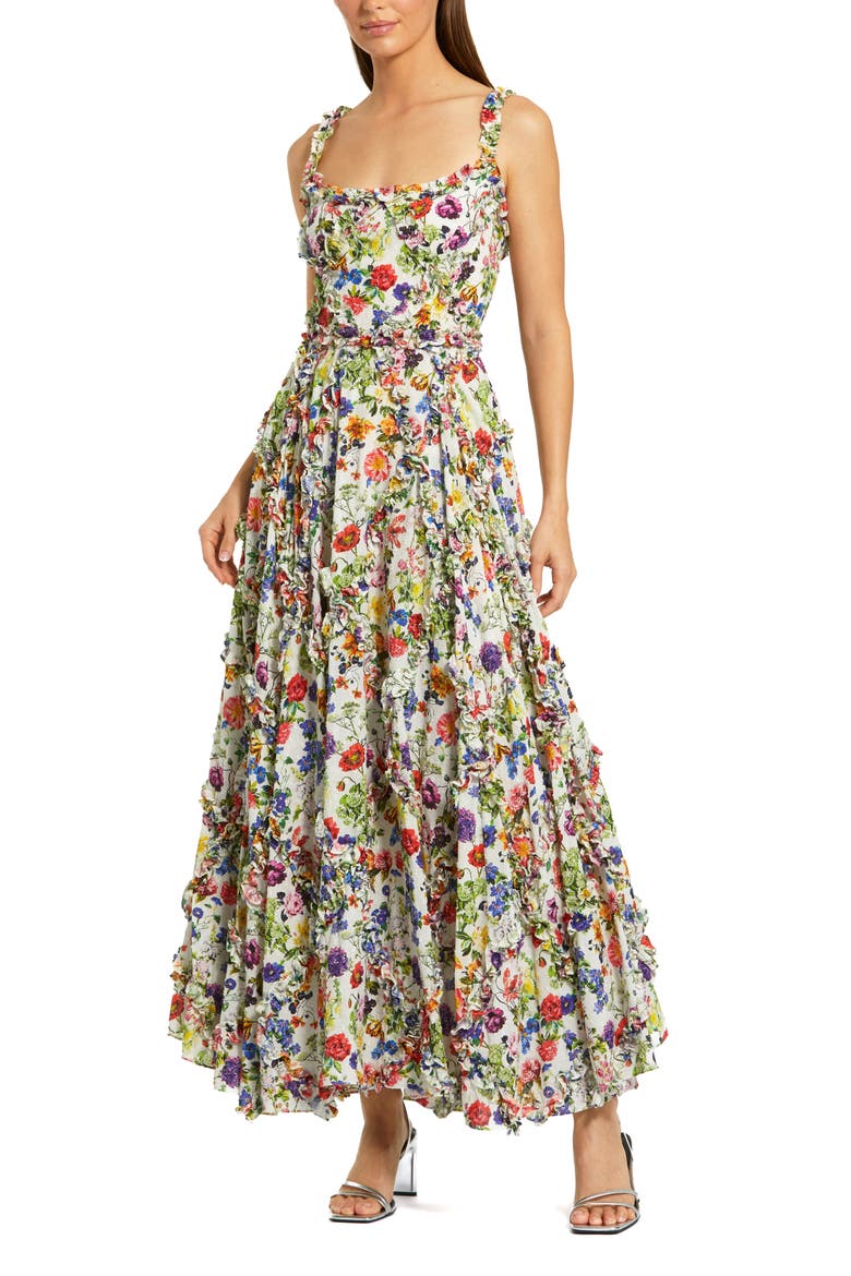 Ruffle Scoop Neck Floral A-Line Dress, Main, color, White Multi