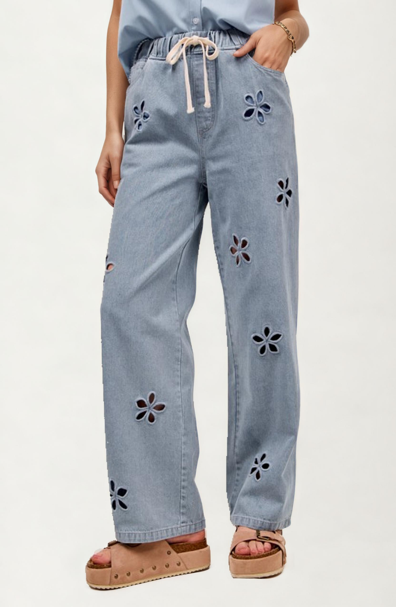 Knit and Lounge Relaxed Wide Leg Cutout Flower Denim Pants, Main, color, 